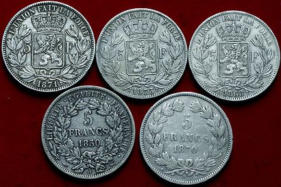 19ème SIECLE.
Lot de 5 monnaies : 5 Francs...