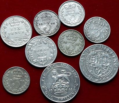 ANGLETERRE.
Lot de 9 monnaies argent : Shilling...
