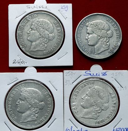 SUISSE.
Lot de 4 pièces de 5 Francs ; 1889,...