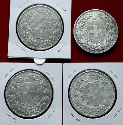 SUISSE.
Lot de 4 pièces de 5 Francs ; 1889,...
