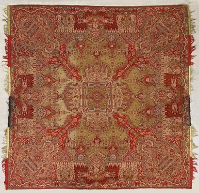 Woven wool shawl with brown and red decoration...