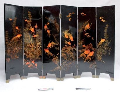 Paravent à six feuilles en bois laqué et...