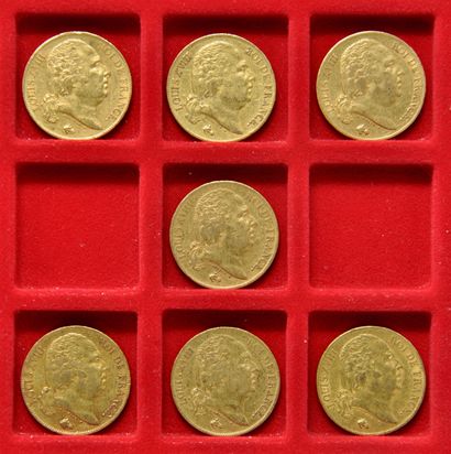 7 pièces de 20 Francs or Louis XVIII Roi...