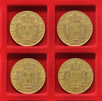 4 pièces de 20 Francs or Louis XVIII Roi...