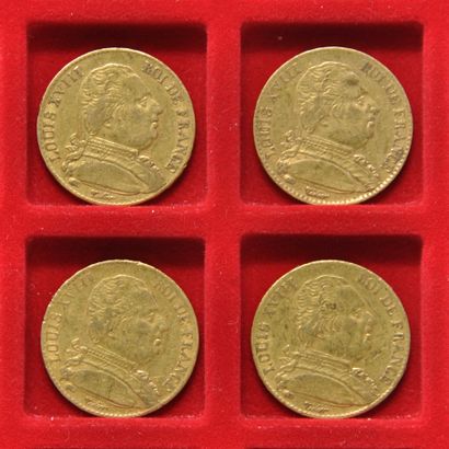 4 pièces de 20 Francs or Louis XVIII Roi...