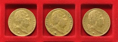 3 pièces de 20 Francs or Louis XVIII Roi...