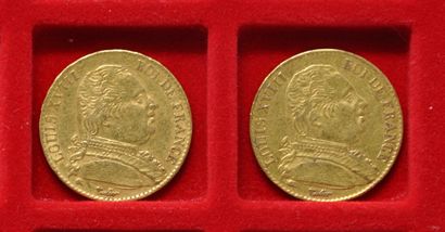 2 pièces de 20 Francs or Louis XVIII Roi...