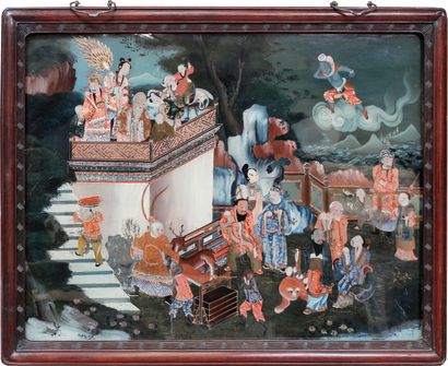 CHINE, XIXe. Grand fixé sous verre peint...