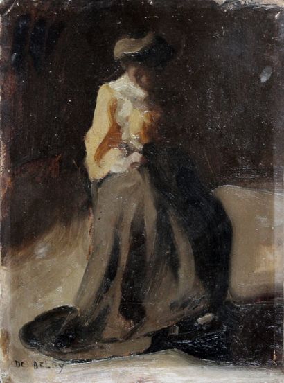 de BELAY, XIXe-XXe. Femme cousant. Huile...