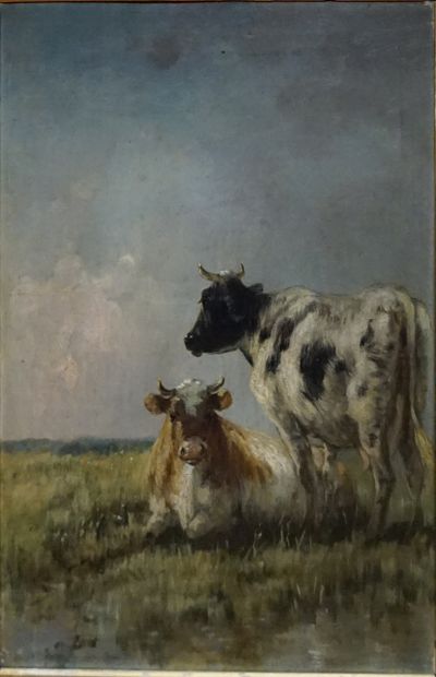 Ecole française XIXe. Deux vaches au pré....
