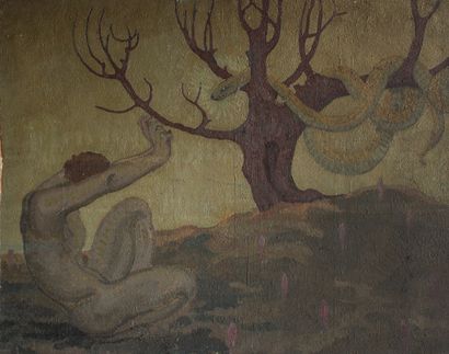 Ecole française vers 1930. Le serpent tentateur....