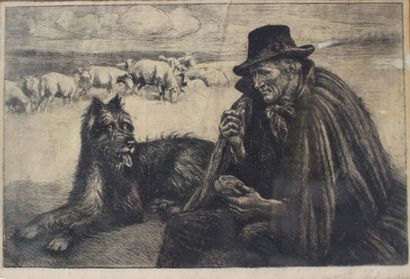 Ecole début XXe. Berger et son chien, eau...