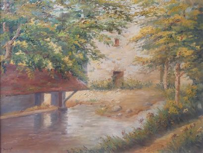 P.DUPONT, Le lavoir, huile sur toile, 50...