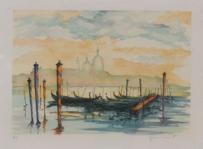 Jean-Pierre LAURENT. Gondoles à Venise. Lithographie...