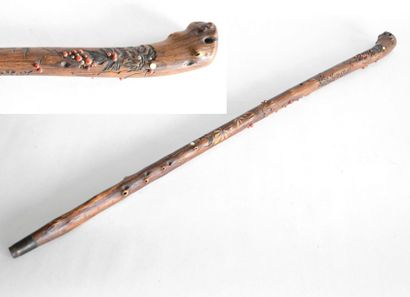 CANNE japonaise en bois noueux gravéd de...