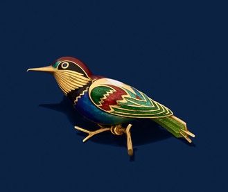 750 mils gold, guilloché and enameled brooch...