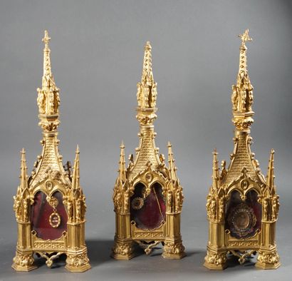 Set of three gilded regule RELIQUARIES with...