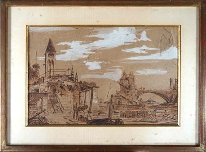 ECOLE XIXe. Caprice aux pêcheurs. Lavis d'encre...