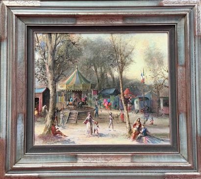 Guy GAMBIER (1923-2008). Fête foraine. Huile...