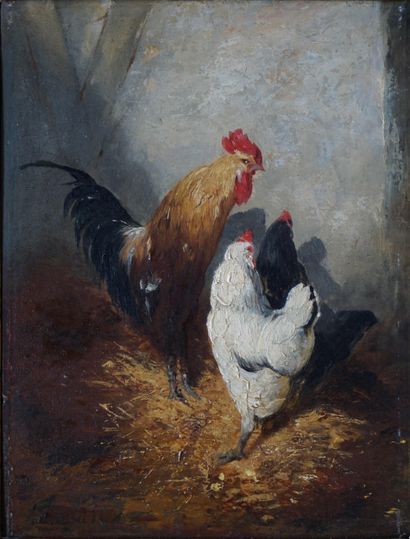Alexandre DEFAUX (1826-1900) Coq et deux...