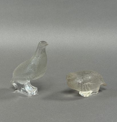 R. LALIQUE. Two partridges made of molded...
