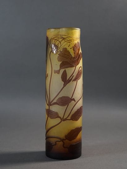 GALLE. Glass roll vase decorated with clematis...