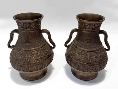 CHINE. Paire de VASES HU en bronze à patine...