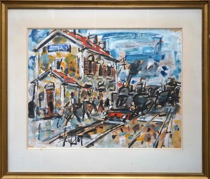 GEN PAUL (1895-1975) La gare d'Aulnay. Aquarelle...