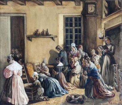 Héloïse COLIN (1820-1873) La prière. Aquarelle...