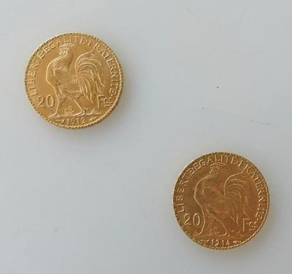 Deux PIECES de 20 francs or, 1912 et 1914....