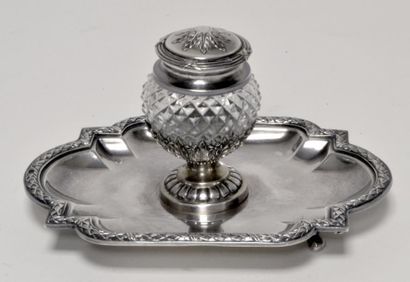 ENCRIER en argent, vermeil et cristal, le...