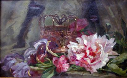 RAGUT. Pivoines et iris. Huile sur toile...