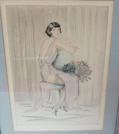 Gravure en couleur, Femme au bouquet de ...