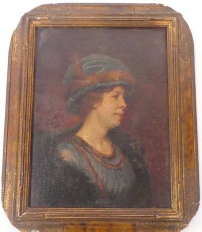 Portrait de femme au chapeau bleu. Huile...
