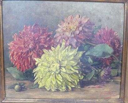 H. GUILLAUME. Jetée de dahlias. Huile sur...