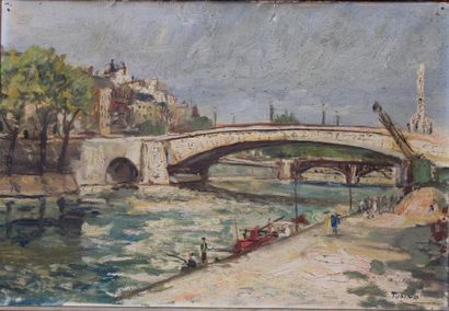 TUBINO. Pont de Paris animée. Huile sur toile...