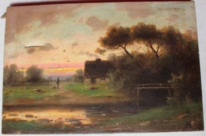 Paysage au crépuscule. Huile sur toile, monogrammée...