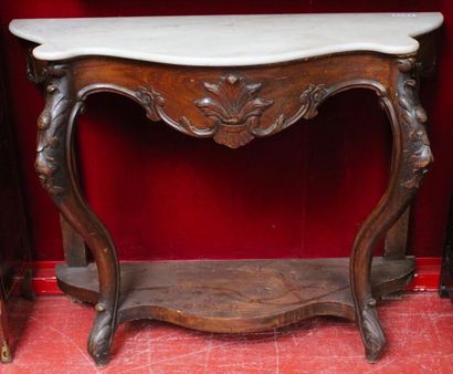 CONSOLE en bois naturel, le dessus de marbre...