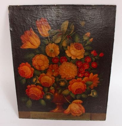Bouquets de fleurs. Huile sur toile marouflé...