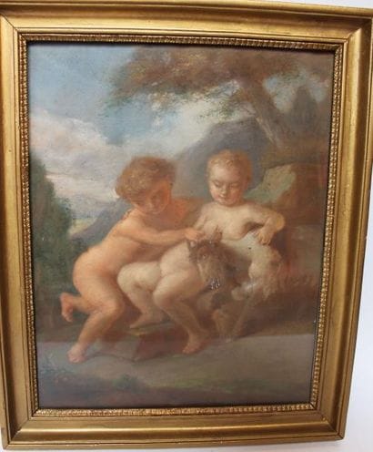 Ecole Française. Enfants et chèvre. Pastel...