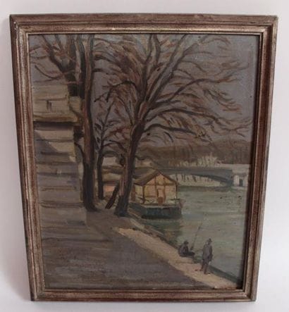 Ecole Française. Pécheurs sur le quai. Huile...