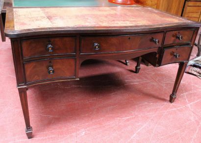 MAPLE & CO. BUREAU plat en bois foncé, gainé...