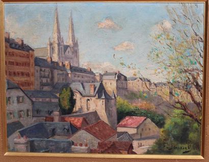 F. JOUSSET. Paysage à la cathédrale. Huile...