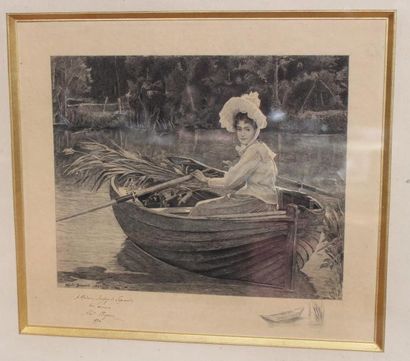 Promenade en barque. Gravure en noir. 