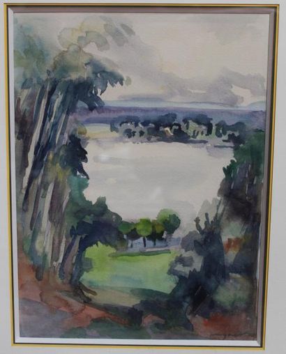 Ecole XXème. Paysage aux arbres. Aquarelle...
