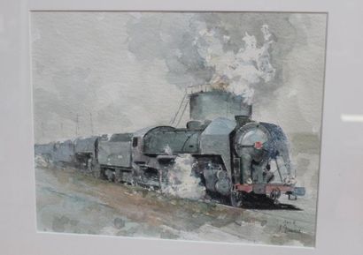 Ecole XXème. La locomotive. Aquarelle signée...