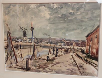 Fernand HERBO (1905-1995). Quai animé. Aquarelle...