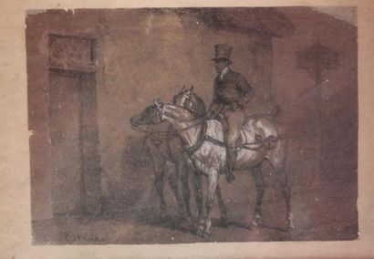 Ecole XXè. La Halte du cavalier. Dessin rehaussé...