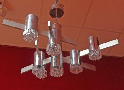 Lustre en métal brossé et chromé, à sept...