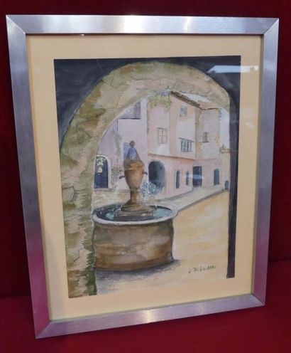 J. THIBAUDEAU. Aquarelle, Fontaine sur la...
